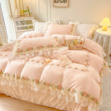 Cifeeo-Autumn and Winter Bedding Set Luxury Pink Super Soft Velvet Fleece Princess Bedding Set, Flowers Embroidery, Lace Ruffles, Duvet Cover, Bed Sheet, Pillowcases