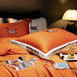 Cifeeo-high-end 100S Egyptian Cotton Luxury Galloping Horse Embroidery Bedding Set White Orange Duvet Cover Set Bed Sheet Pillowcases