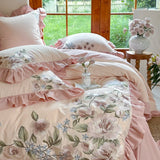 Cifeeo-4Pcs Luxury Flowers Embroidery Ruffles Princess Bedding Set 1000TC Egyptian Cotton Brushed Duvet Coves Set Bed Sheet Pillowcases