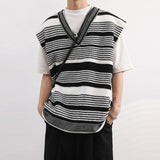 Cifeeo-Winter Outfits Men chill guy Autumn Clothing Men's Striped Knit Vest Sweater Fashion Patchwork V Neck Sleeveless Loose Stylish Vintage Leisure Knitwear M-2XL