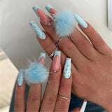 Cifeeo Autumn Winter New Fake Nails Press On Nails Cute Blue Hairball Long Ballerina False Nails With Designs French Coffin Nail Tips