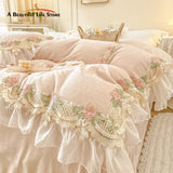 Cifeeo-Autumn and Winter Bedding Set Luxury Pink Super Soft Velvet Fleece Princess Bedding Set, Flowers Embroidery, Lace Ruffles, Duvet Cover, Bed Sheet, Pillowcases