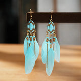 Cifeeo-Christmas Gift New Year's Eve Gift New Ethnic Long Feather Dangle Earrings For Women Bohemian Tassel Beads Handmade Enamel Earrings Girl Bride Wedding Jewelry