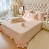 Cifeeo-Autumn and Winter Bedding Set Pink Princess Wedding Bedding Set, Lace Ruffles, Rose Flowers Embroidery, Velvet Fleece Duvet Cover Set, Bed Sheet, Pillowcase