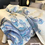 Cifeeo-1200TC Egyptian Cotton Luxury Bedding Set Blue Tides Waves Embroidery Duvet Cover Set Flat/Fitted Bed Sheet Pillowcases