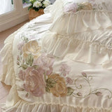 Cifeeo-Flowers Embroidery Lace Ruffles French Princess Wedding Bedding Set Lyocell Cotton Soft Silky Duvet Cover Bed Sheet Pillowcases