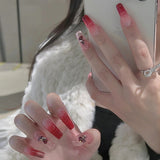 Cifeeo Long Ballerina False Nails With Designs Gradient Blood Red Fake Nails Press On Nails French Coffin Rose Flower Nail Tips