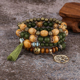 Cifeeo-Christmas Gift New Year's Eve Gift Boho Tree Of Life Bracelet Set For Women Fashion Tassels Charm Wooden Beads Elastic Chain Bangle Girl Trendy Party Jewelry