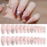 Cifeeo 24pcs Nude False Nails With Rhinestones French Fake Fingernails Long Coffin Ballet Wearable Press On Nails Full Cover Nail Tips