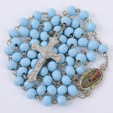 Cifeeo-Christmas Gift New Year's Eve Gift Blue Rosary Necklace For Women Men 6MM Wooden Prayer Beads Long Chain Religious Virgin Mary Cross Pendant Men Party Jewelry Gift