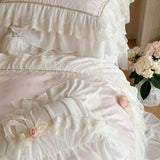 Cifeeo-1000TC Egyptian Cotton Pink Lace Ruffles Stereoscopic Handmade Flowers Wedding Bedding Set Duvet Cover Bed Sheet Pillowcase 4Pcs