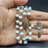 Cifeeo-Christmas Gift New Year's Eve Gift White Wooden Rosary Necklace For Women Crucifix Cross Pendant Long Chain Necklace Men  Religious Catholic Prayer Jewelry