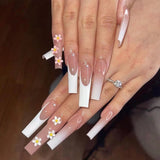 Cifeeo 24Pcs False Nails With Glue Flower Design Long Coffin French Ballerina Fake Nails Full Cover Acrylic Nail Tips Press On Nails