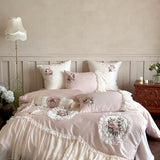 Cifeeo-Pink Flowers Embroidery Lace Ruffles Wedding Bedding Set 1000TC Egyptian Cotton Duvet Cover Flat/Fitted Bed Sheet Pillowcases