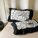 Cifeeo-2/3PC French Vintage Black Ruffles Duvet Cover Set, With Pillowcases, Nordic Luxury Flowers Plant Quilt Cover Set, Bedding Set