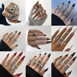 Cifeeo-Christmas Gift New Year's Eve Gift Vintage Punk Metal Multi Element Ring Set For Women Men Antique Silver Color Butterfly Snake Skull Finger Rings Gothic Jewelry