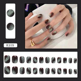 Cifeeo- 24pcs/box Press On False Nails Cute Nail Art Wearable Fake Nails Short Square Green Coffee Smudge With Wearing Tools As Gift