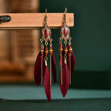 Cifeeo-Christmas Gift New Year's Eve Gift Bohemian Ethnic Feather Earrings For Women Long Tassel Beads Handmade Drop Dangle Earrings Girl Fashion Wedding Jewelry Gift