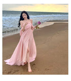 Cifeeo-Christmas Party Dresses  Pink Elegant Pleated High Waist Split Long Dress Women Fashion Backless Halter Strapless Fairy Dress Female 2024 Vestido