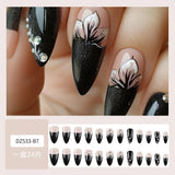 Cifeeo-Halloween Nails 24pcs Black Edged Fake Nails Detachable Almond flower Diamond False Nails Press on Nails French Ballerina Halloween Nails Art