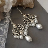 Cifeeo-2 Pcs Vintage Hollow Pattern Elegant Imitation Pearl Silver Color Dangle Earrings Women Party Prom Gift Jewelry