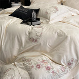 Cifeeo-4Pcs Luxury Satin Jacquard Egyptian Cotton Bedding Set Soft Silky Chic Flowers Embroidery Duvet Cover Set Bed Sheet Pillowcases