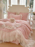 Cifeeo-Three-Dimensional Rose Flowers Lace Ruffles Patchwork Bedding Set, Duvet Cover, Bed Sheet, Pillowcases, Pink, Egyptian Cotton