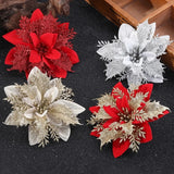 Cifeeo-5/10Pcs 14cm Glitter Artificial Christmas Flowers Xmas Tree Ornaments Merry Christmas Decorations for Home New Year Gift Navidad