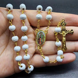 Cifeeo-Christmas Gift New Year's Eve Gift White Wooden Rosary Necklace For Women Crucifix Cross Pendant Long Chain Necklace Men  Religious Catholic Prayer Jewelry