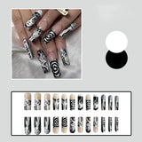 Cifeeo-Halloween Nails 24Pcs Long Press on Nails Square French Tip Fake Nails Black White Punk Acrylic Nail Cartoon Anime Design Full Cover False Nails