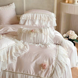 Cifeeo-1000TC Egyptian Cotton Pink Lace Ruffles Stereoscopic Handmade Flowers Wedding Bedding Set Duvet Cover Bed Sheet Pillowcase 4Pcs