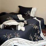 Cifeeo-Luxury Dark Blue Chinese Style Bamboo Embroidery 1000TC Egyptian Cotton Bedding Set Duvet Cover Set Bed Sheet Pillowcases 4Pcs