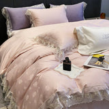 Cifeeo-Pink Purple Luxury Embroidery Bedding Set 1000TC Egyptian Cotton Rose Jacquard Lace Edge Duvet Cover Set Bed Sheet Pillowcases