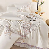 Cifeeo-Pastoral Flowers Embroidery Bedding Set, 100s Egyptian Cotton, Lace Ruffles, Duvet Cover Set, Flat, Fitted Bed Sheet, Pillowcase