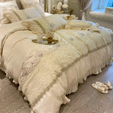 Cifeeo-European-Style French Ruffles Handmade Beads Bedding Set Egyptian Cotton Flowers Embroidery Duvet Cover Bed Sheet Pillowcases