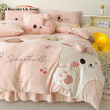 Cifeeo-Autumn and Winter Bedding Set Pink Cute Cartoon Rabbit Applique Embroidery Bedding Set Velvet Fleece Duvet Cover Bed Sheet Fitted Sheet Bed Skirt Pillowcases