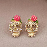 Cifeeo-Halloween Jewelry Vintage Skeleton Pink Rose Flower Stud Earrings For Women Shiny Rhinestone Crystal Skull Earring Halloween Party Ear Jewelry