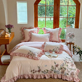 Cifeeo-4Pcs Luxury Flowers Embroidery Ruffles Princess Bedding Set 1000TC Egyptian Cotton Brushed Duvet Coves Set Bed Sheet Pillowcases