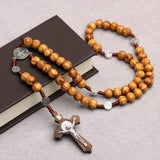 Cifeeo-Christmas Gift New Year's Eve Gift Catholic Wood Beaded Rosary Necklaces For Women Christian INRI Crucifix Cross Pendant Long Chain Men Religion Prayer Jewelry