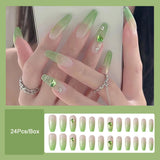 Black Friday  Cifeeo  Jelly Green Long Ballerina Nails Set Press On Coffin Fake Nail Tips With Designs Rhinestone Love French Tip Wearable False Nails