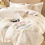 Cifeeo-Chic Flowers Embroidery Bedding Set, 100% Cotton, Long Staple, Duvet Cover Set, Flat Sheet, Fitted Bed Sheet, Pillowcases, 400TC