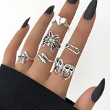 Cifeeo-Christmas Gift New Year's Eve Gift Retro Black Crystal Stone Ring Set For Women Vintage Geometric Knuckle Joint Ring Female Fashion Party Jewelry Accessories