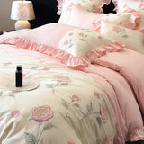 Cifeeo-100% Cotton Vintage Pink Red Rose Flowers Embroidery Wedding Bedding Set Princess Ruffles Duvet Cover Set Bed Sheet Pillowcases