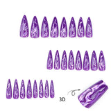 Cifeeo-Halloween Nails 24Pcs Halloween Fake Nail Purple Magic Mirror Powder 3D Press on Nail Long Pointed Style European and American False Nail