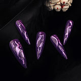 Cifeeo-Halloween Nails 24Pcs Halloween Fake Nail Purple Magic Mirror Powder 3D Press on Nail Long Pointed Style European and American False Nail