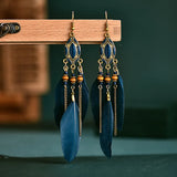 Cifeeo-Christmas Gift New Year's Eve Gift Bohemian Ethnic Feather Earrings For Women Long Tassel Beads Handmade Drop Dangle Earrings Girl Fashion Wedding Jewelry Gift