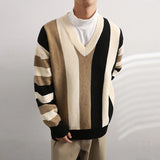 Cifeeo-Winter Outfits Men chill guy Men's Clothing Korean Popular Knitted V Neck Long Sleeve Patchwork Pullover Sweaters Light Luxury Leisure Retro Knitwear M-2XL