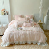 Cifeeo-Pink French Princess Wedding Romantic Pleat Lace Ruffles Bedding Set Soft Cozy Korean Girls Duvet Cover Set Bed Sheet Pillowcase