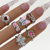 Cifeeo-Christmas Gift New Year's Eve Gift Bohemia Geometric Colorful Enamel Kunckle Ring Set For Women Butterfly Heart Sign Finger Ring Female Daily Jewelry