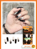 Christmas Cifeeo False Nails Press On Set Almond Black Ghost Design Long Fake Nail Pumpkin Pressure Decorated Adhesive Nail Tips 24Pcs